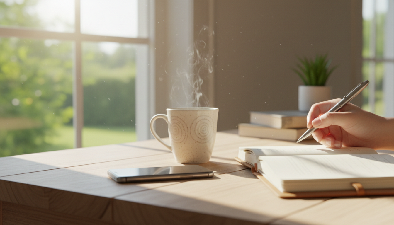 A phone face-down on a table beside a mug and an open notebook in morning light