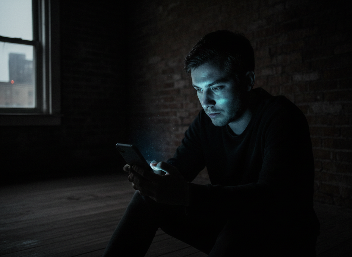 A face lit only by phone glow in a dark room